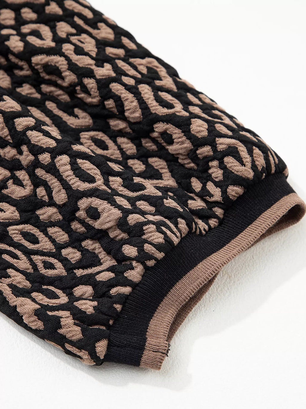 Leopard Print Puffy Bracelet Sleeve Contrast Trim Round Neck Top