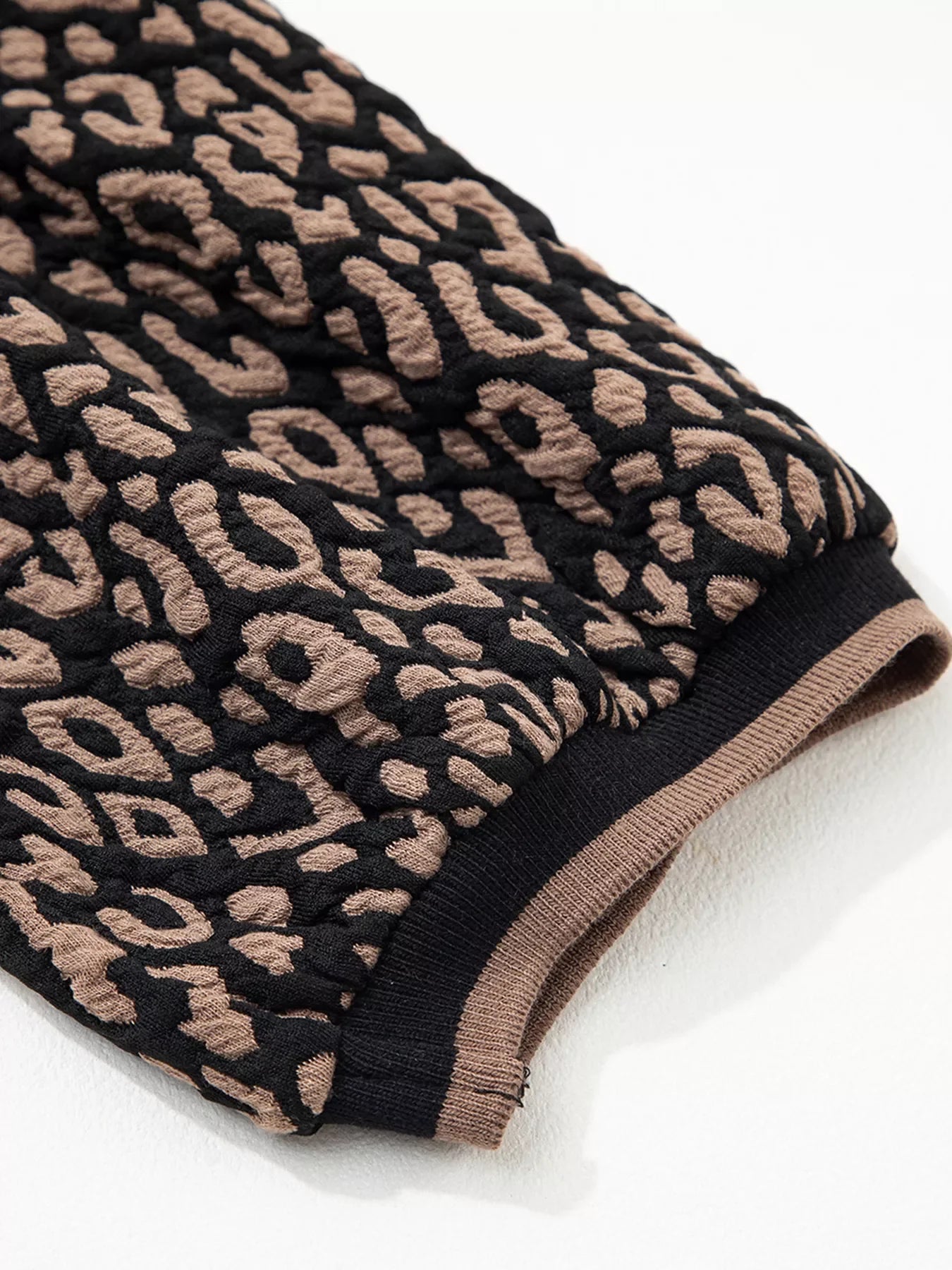 Leopard Print Puffy Bracelet Sleeve Contrast Trim Round Neck Top