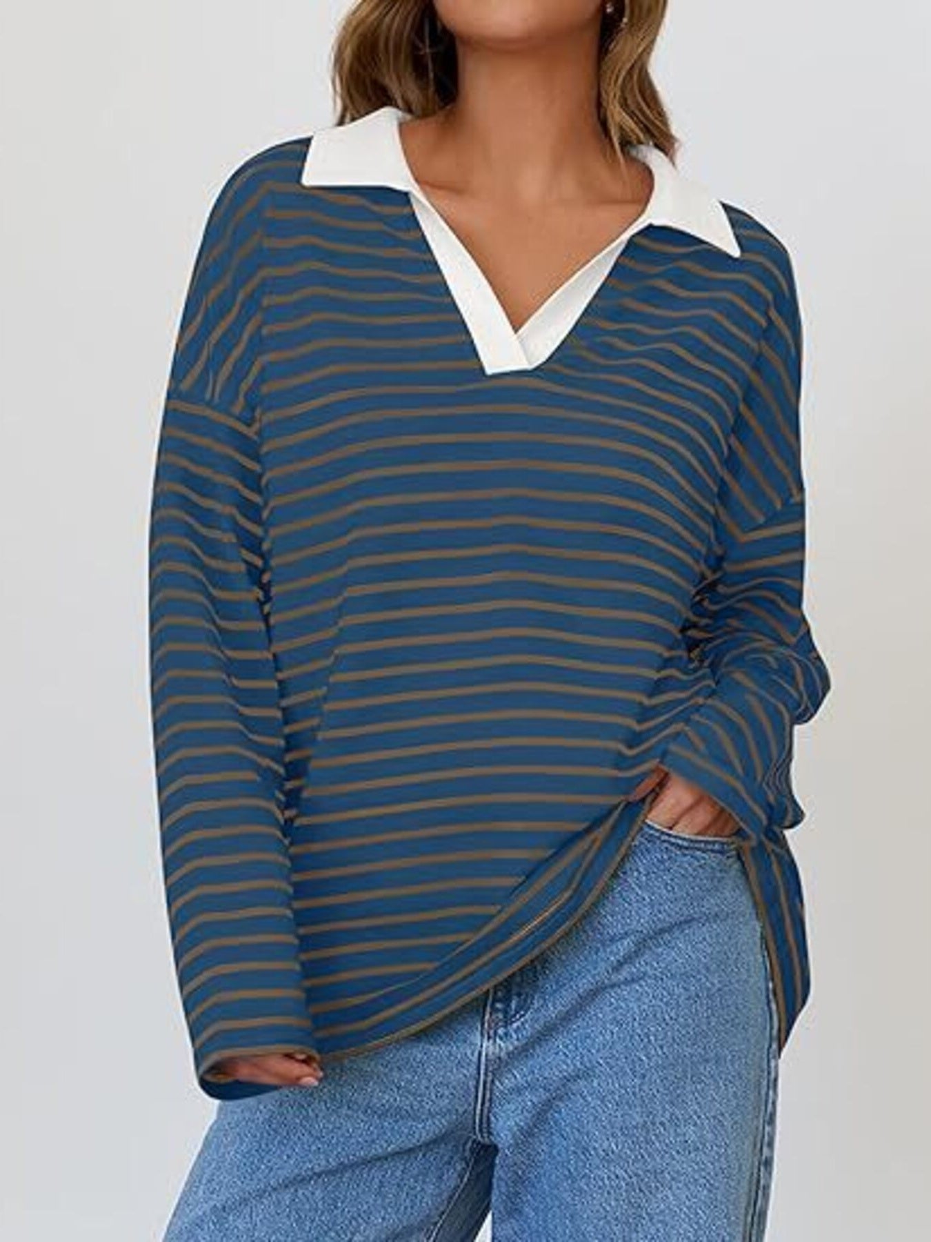Striped Contrast Collar Long Sleeve Top
