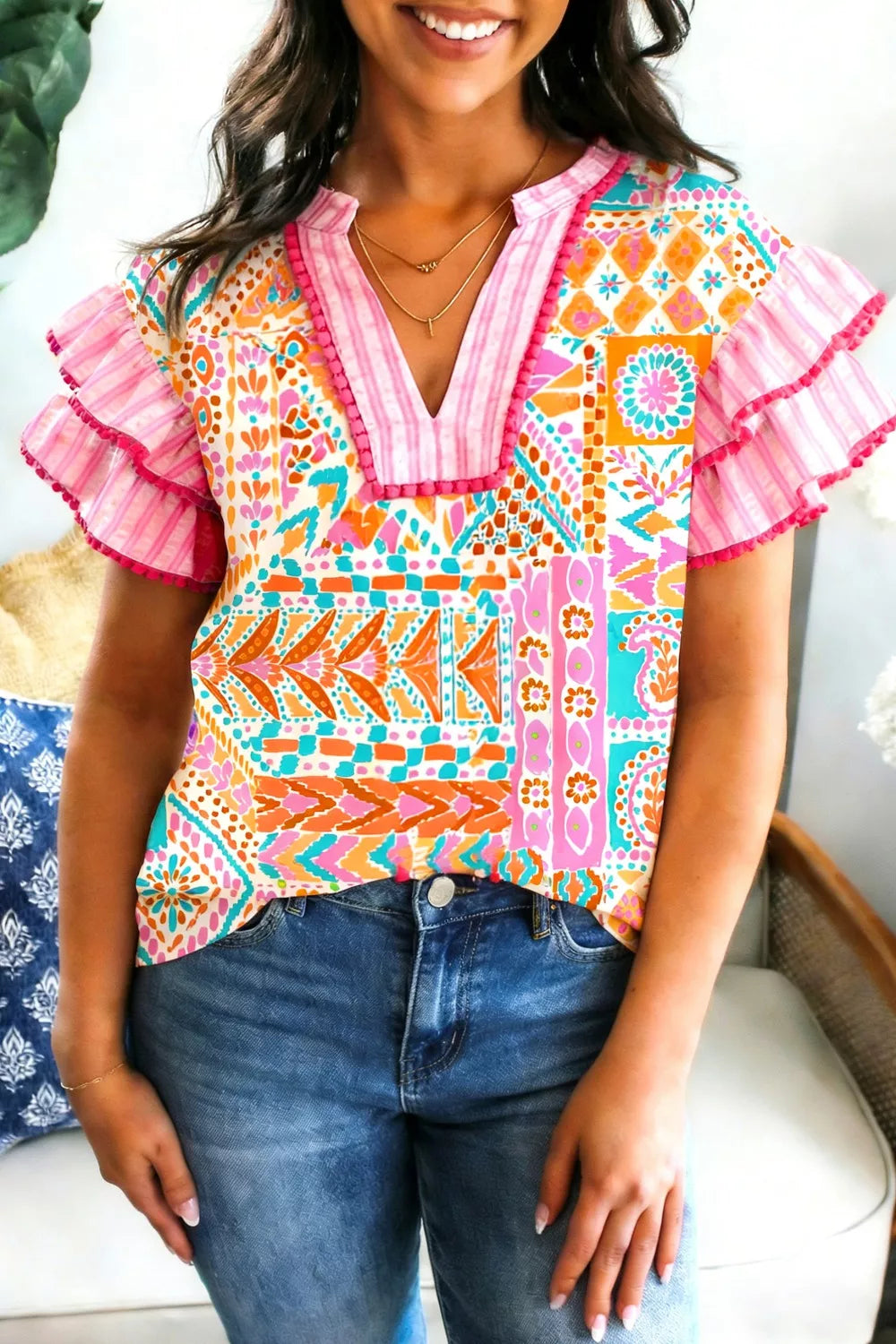 Mixed Print Contrast Trim Striped Patchwork Tiered Short Sleeve Blouse