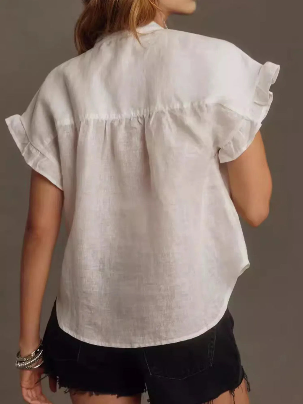 Ruffled Short Sleeve Button Up Shirt