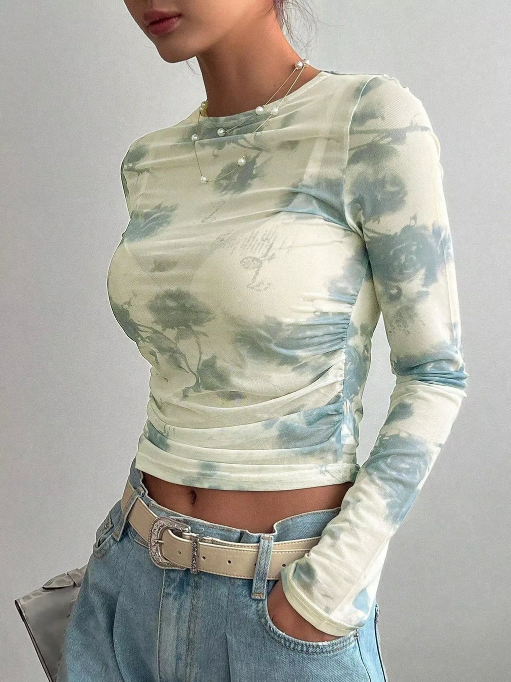 Floral Print Sheer Mesh Long Sleeve T-Shirt