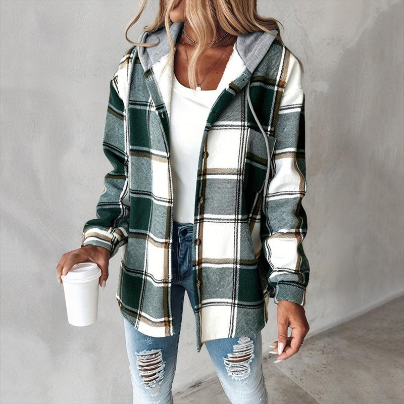 Plaid Drawstring Hoodie Shirt