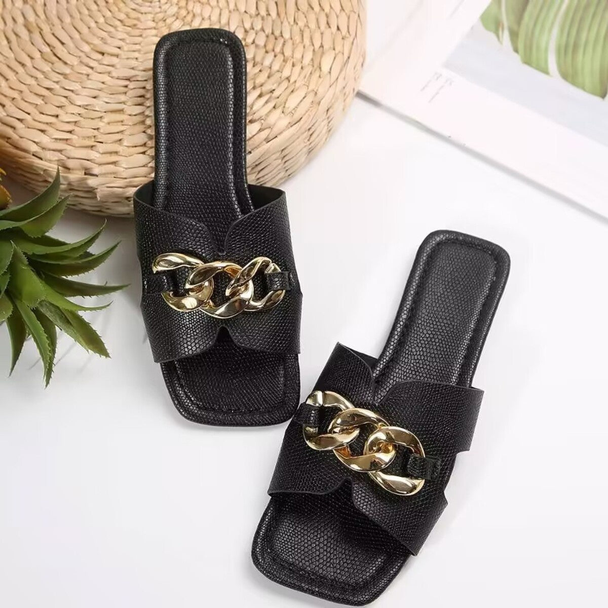 Chain Embellished Slide Sandals
