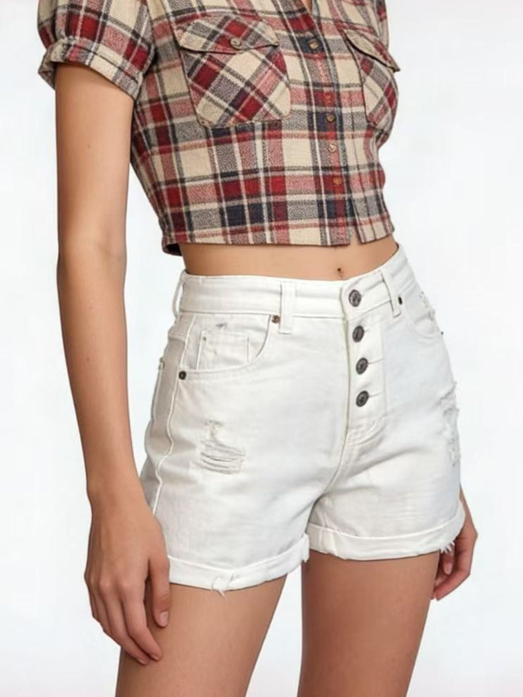 High-Waisted Button-Fly Distressed Denim Shorts