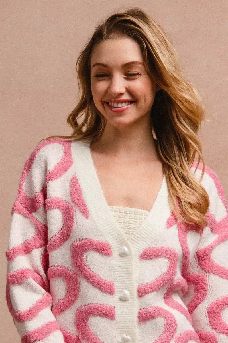 BiBi Textured Heart Buttoned V Neck Cardigan