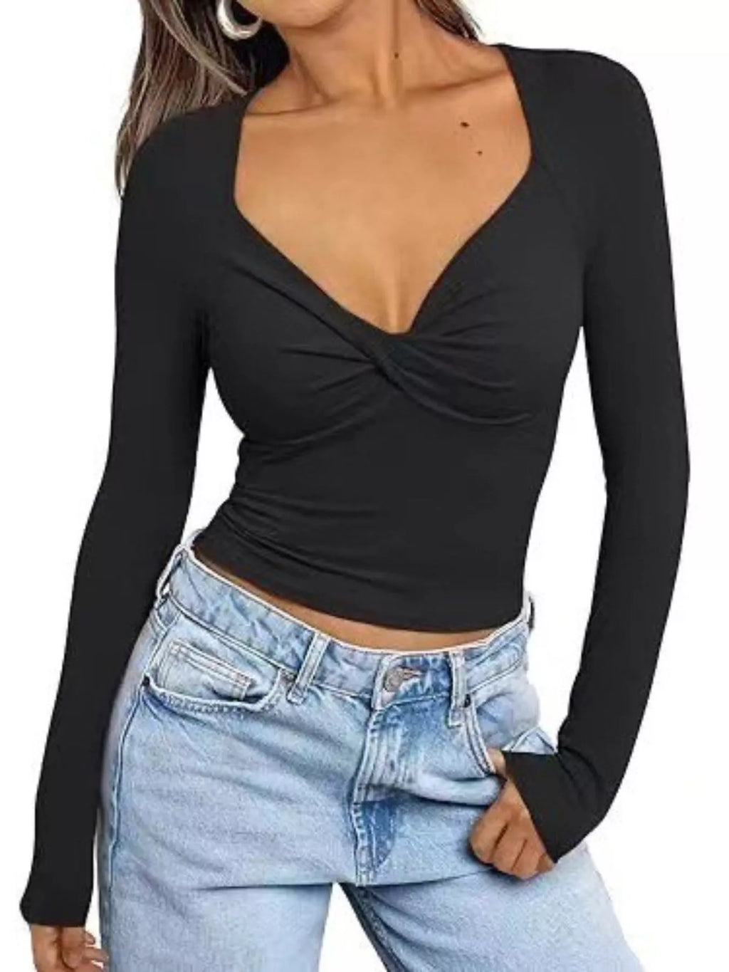 Twist Front Long Sleeve Fitted T-Shirt