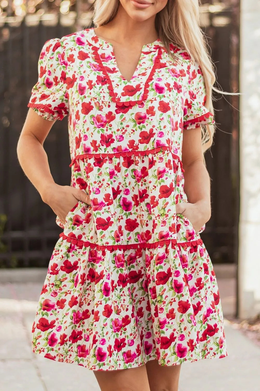 Floral Notched Short Sleeve Dress