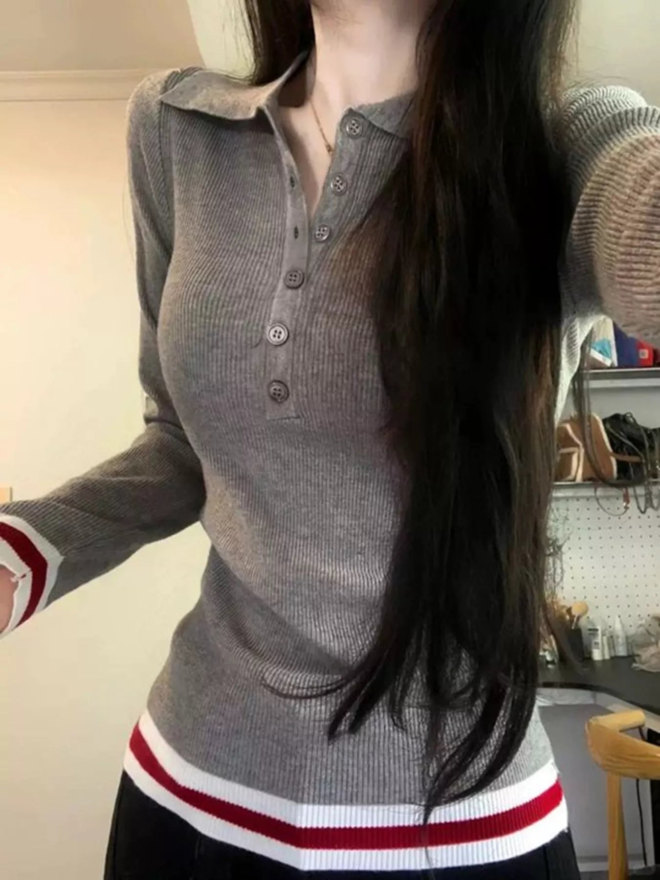 Slim Fit Ribbed Button Detail Knit Top