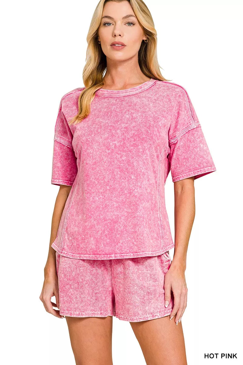 Zenana Halo Snow Washed Short Sleeve Tee and Shorts Set