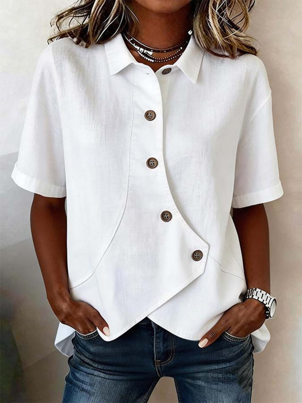 Full Size Casual Asymmetrical Button Shirt Plus Size