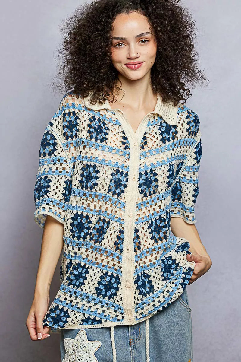 POL Openwork Short Sleeve Crochet Shirt with Border Accents