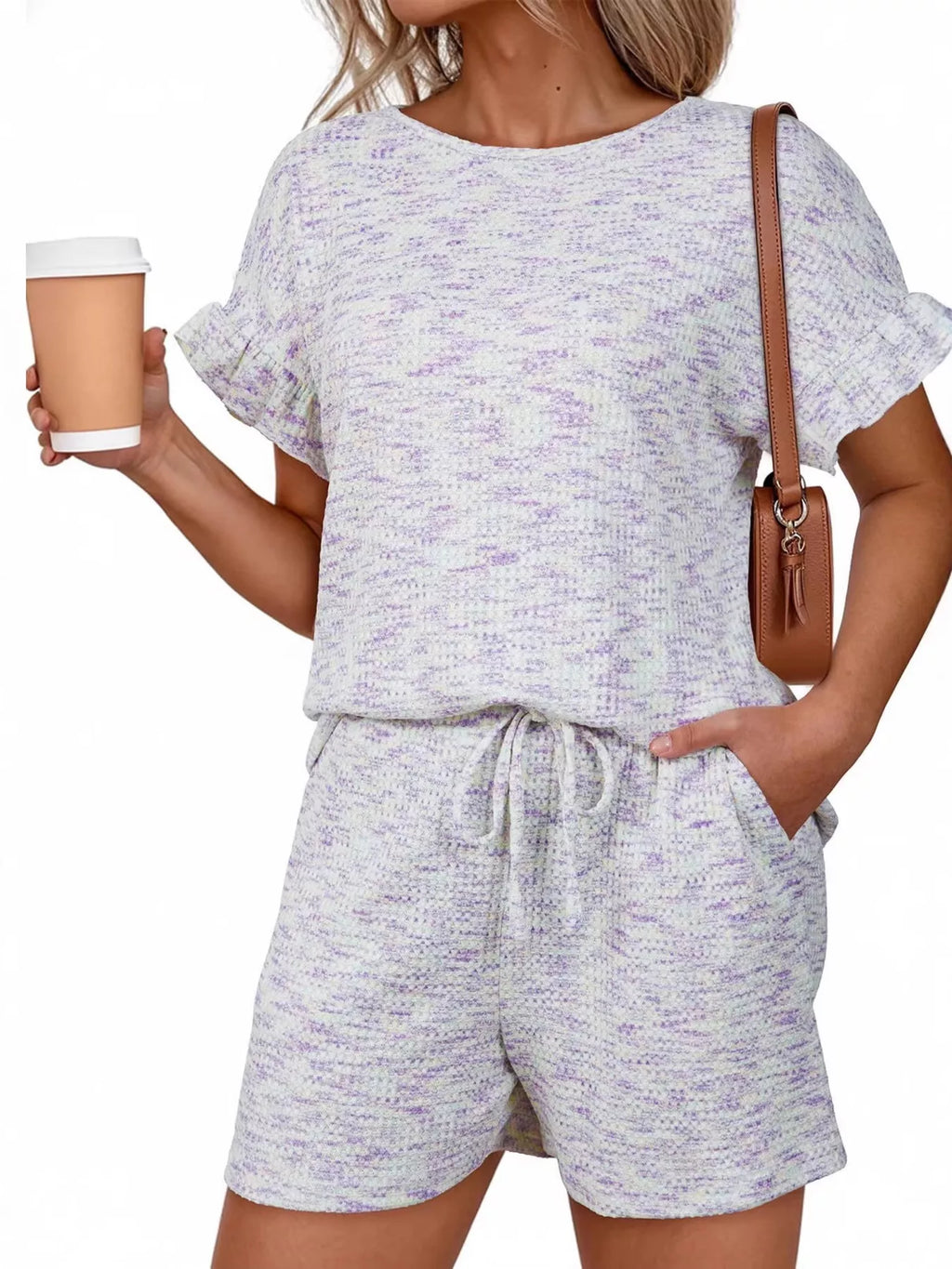 Ruffle Sleeve Textured Top and Shorts Set