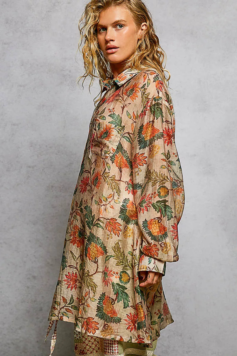 POL Metal Button Down Floral Long Sleeve Shirt