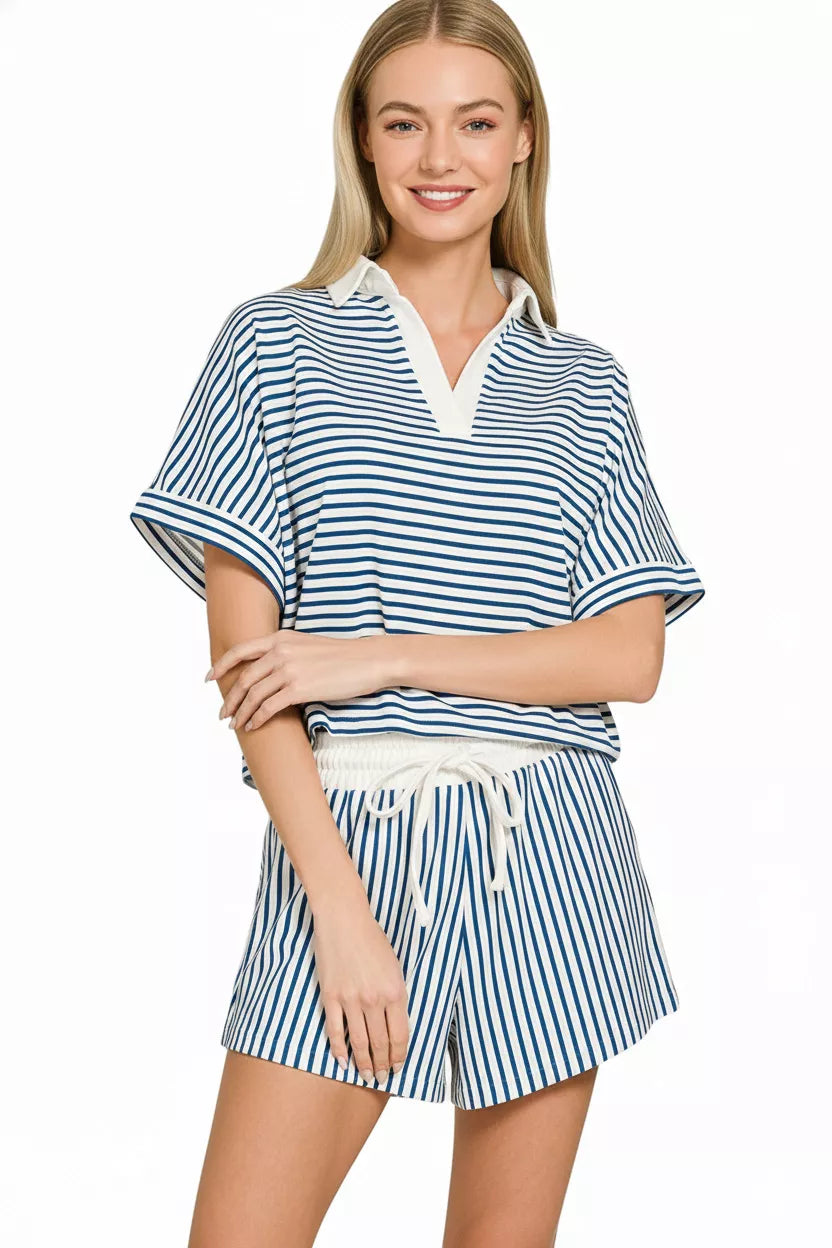 Zenana Striped Collared Top & Shorts Set