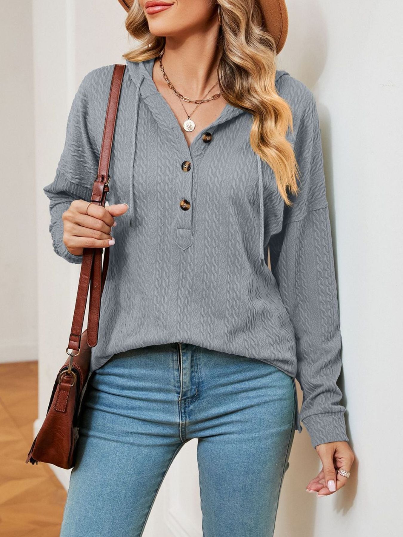 Textured Knit Button Detail Hoodie