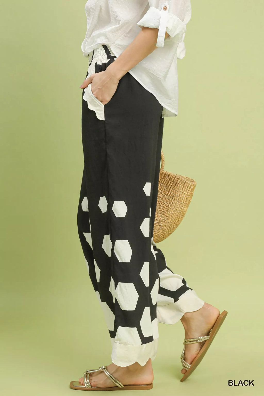 Umgee Hexagon Print Wide Leg Pants with Scalloped Hem