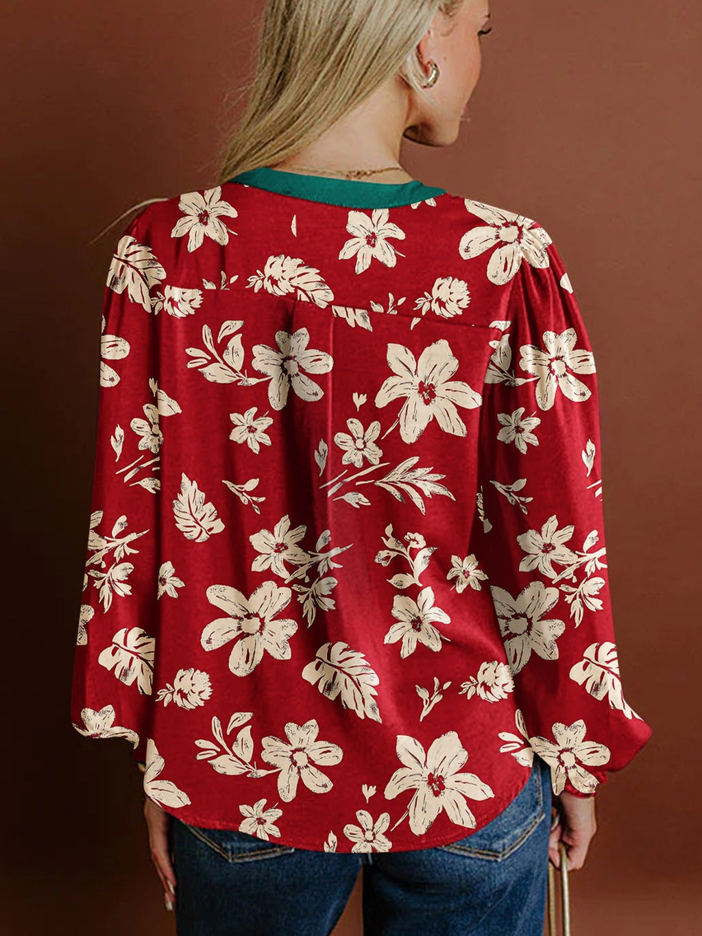 Contrast Tied Neck Shirred Puff Sleeve Flower Blouse