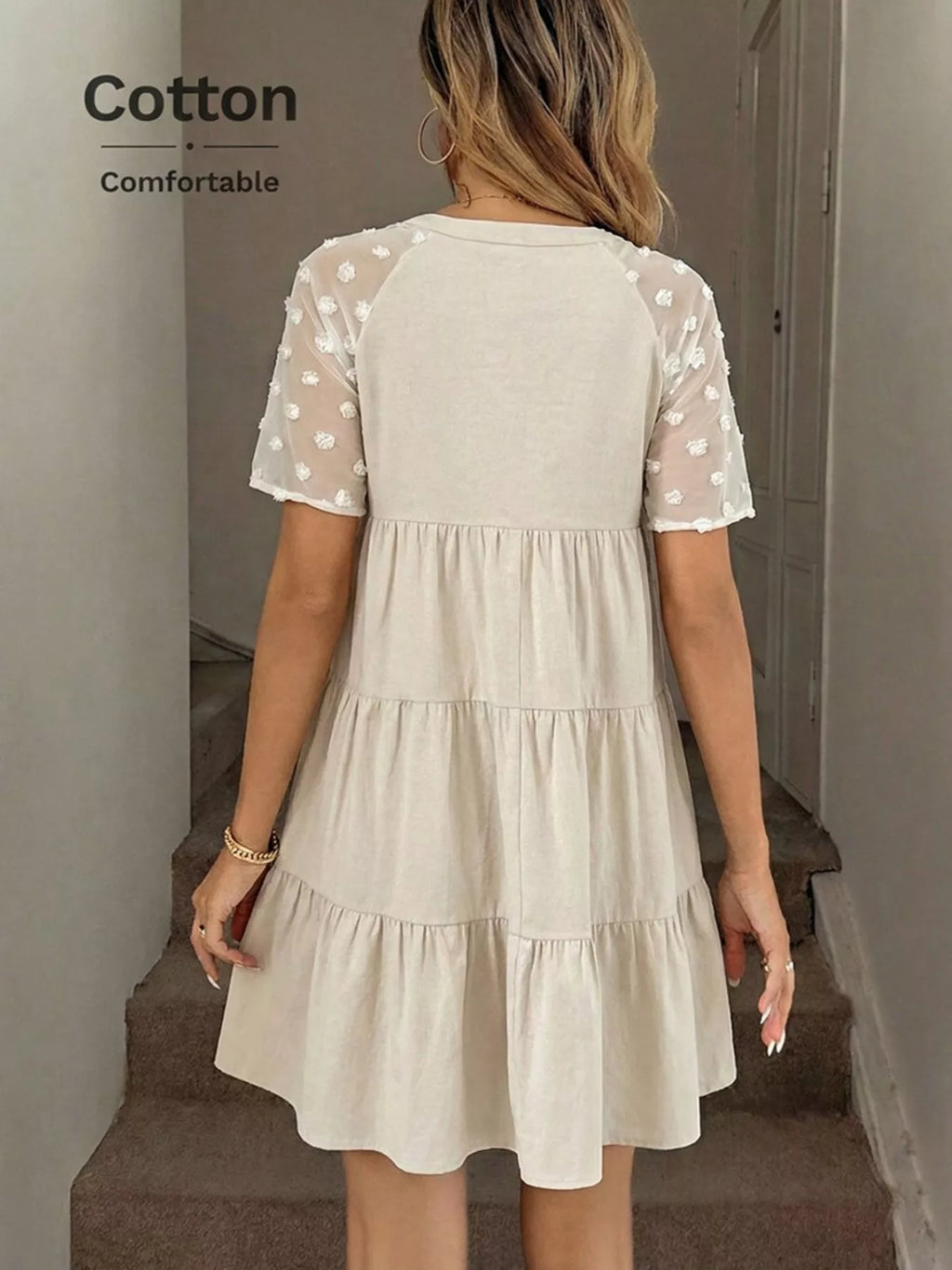 Casual Tiered Mini Dress with Swiss Dot Sleeves