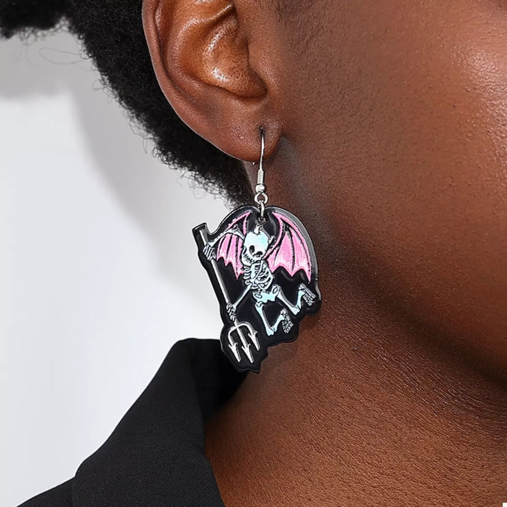 Halloween Spooky Skeleton Devil Wing Dangle Earrings
