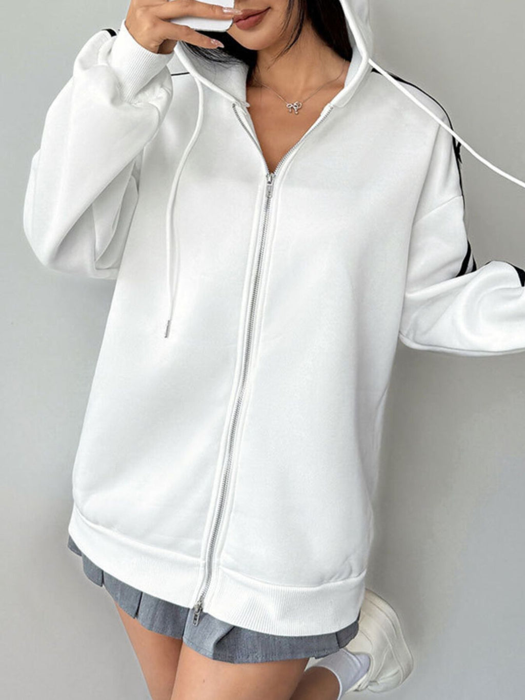 Striped Sleeve Zip-Up Drawstring Hoodie