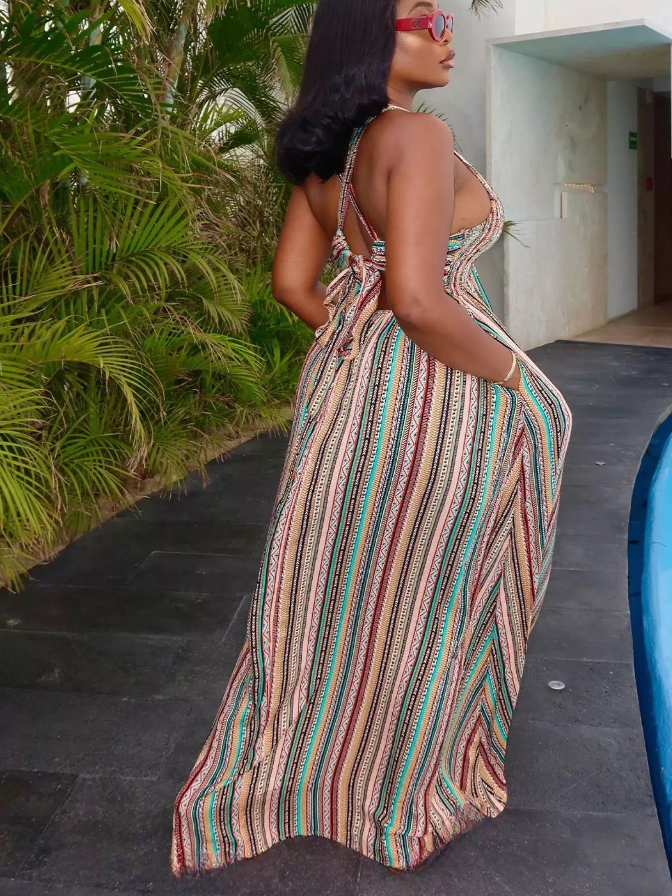 Striped Deep V-Neck Maxi Dress