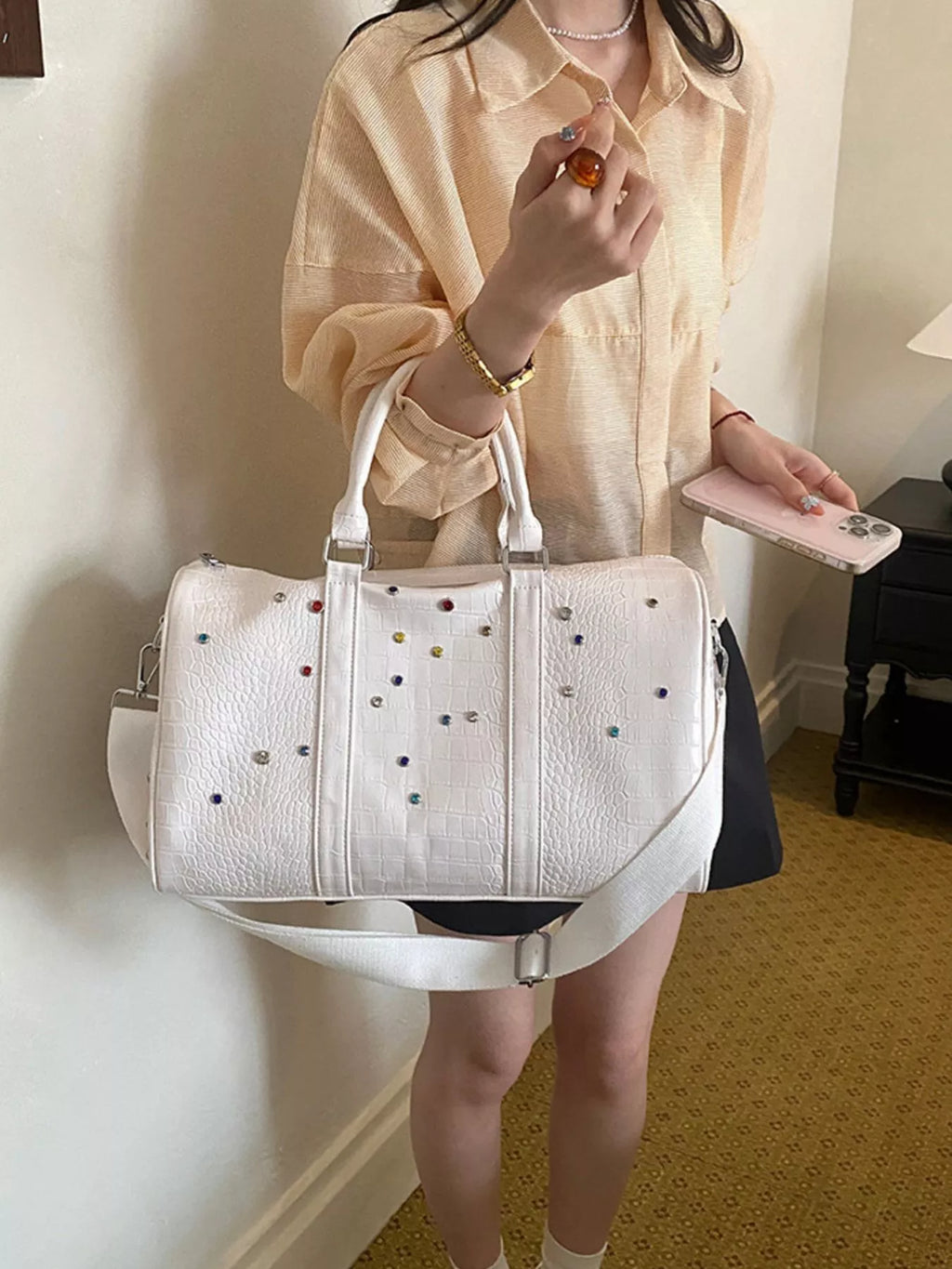 Crocodile Embossed Studded Travel Bag