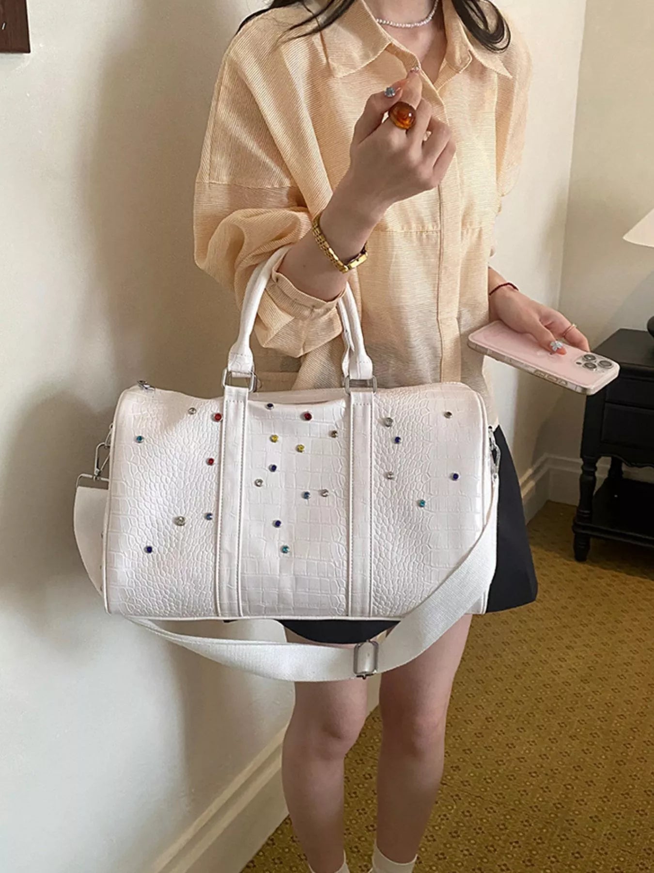 Crocodile Embossed Studded Travel Bag