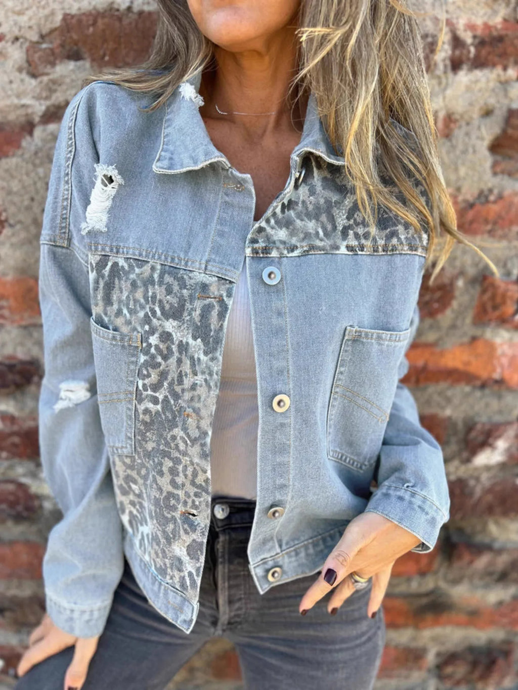 Full Size Leopard Button Up Denim Jacket Plus Size
