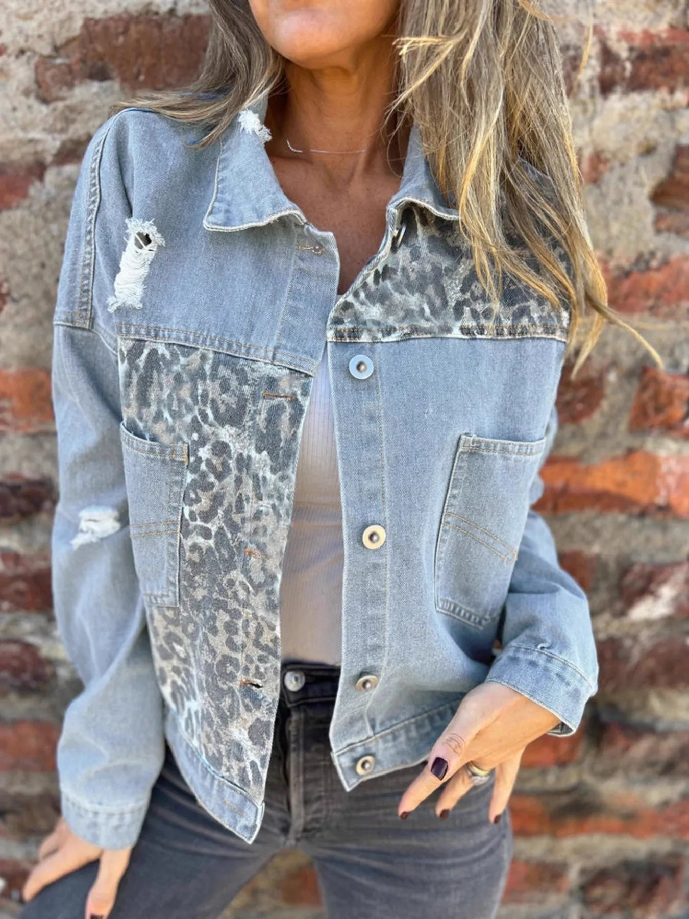 Full Size Leopard Button Up Denim Jacket Plus Size