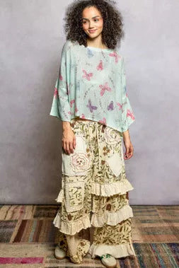 POL Butterflies Pattern Round Neck knit Top with Outseam Rolling Edge