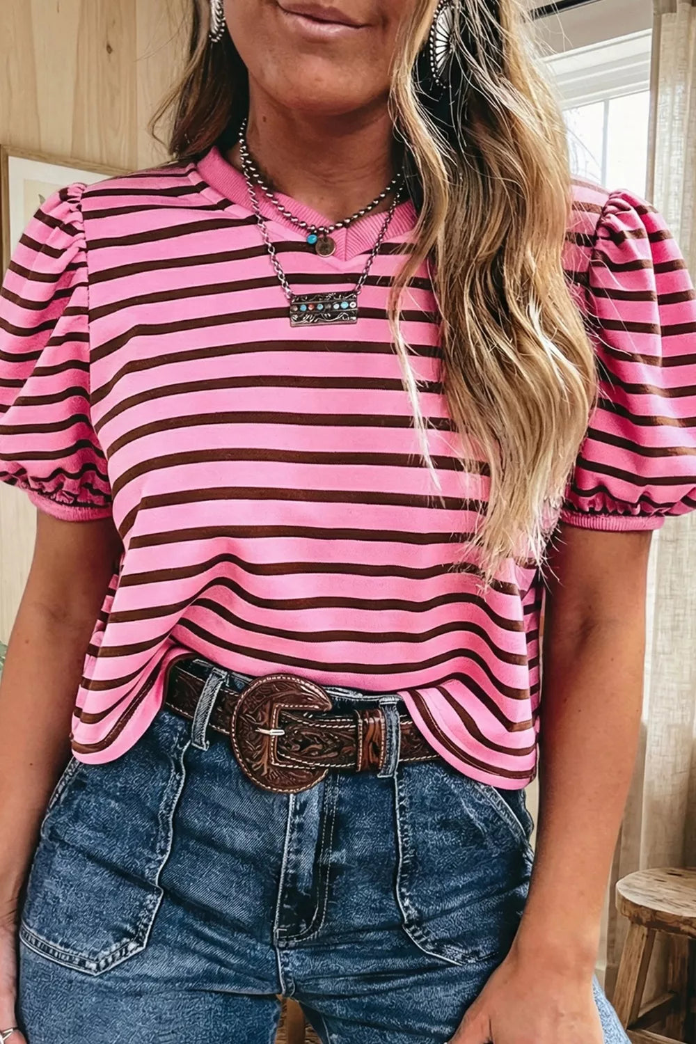 Stripe Striped V-Neck Ribbed Collar Cuff Gathering Puff Sleeve Top