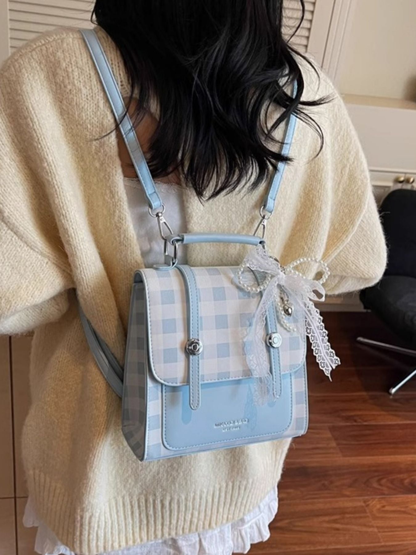 Plaid Lace Decor Backpack Bag