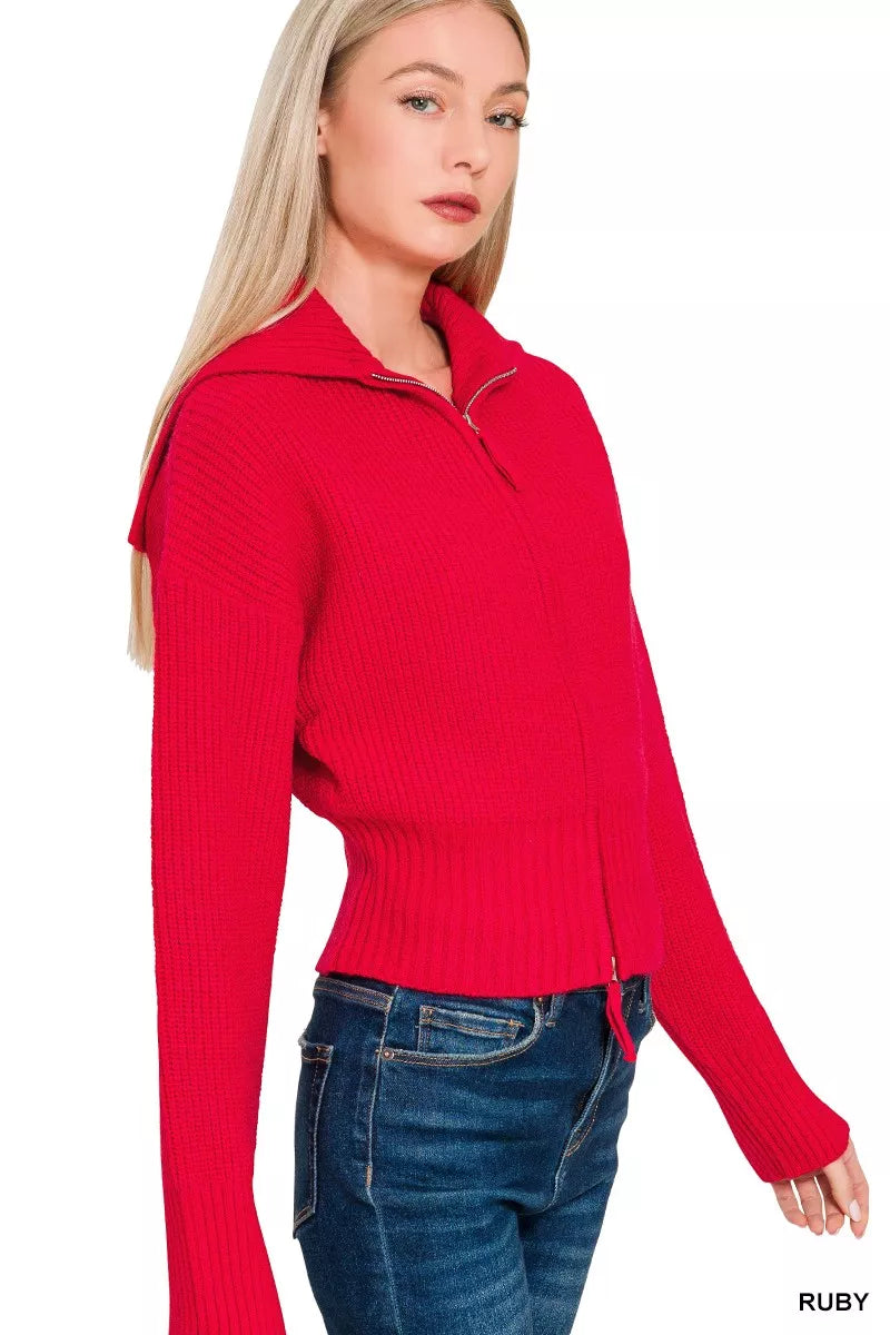 Zenana Ribbed Collared Zip Up Sweater Cardigan