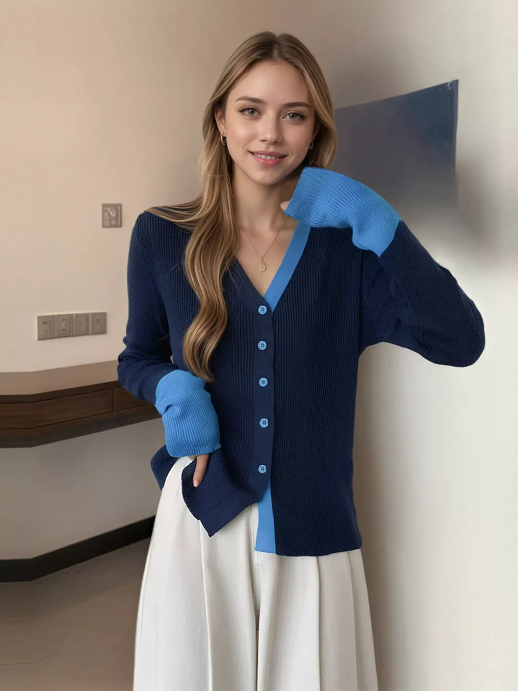 Contrast Trim Ribbed Knit Cardigan