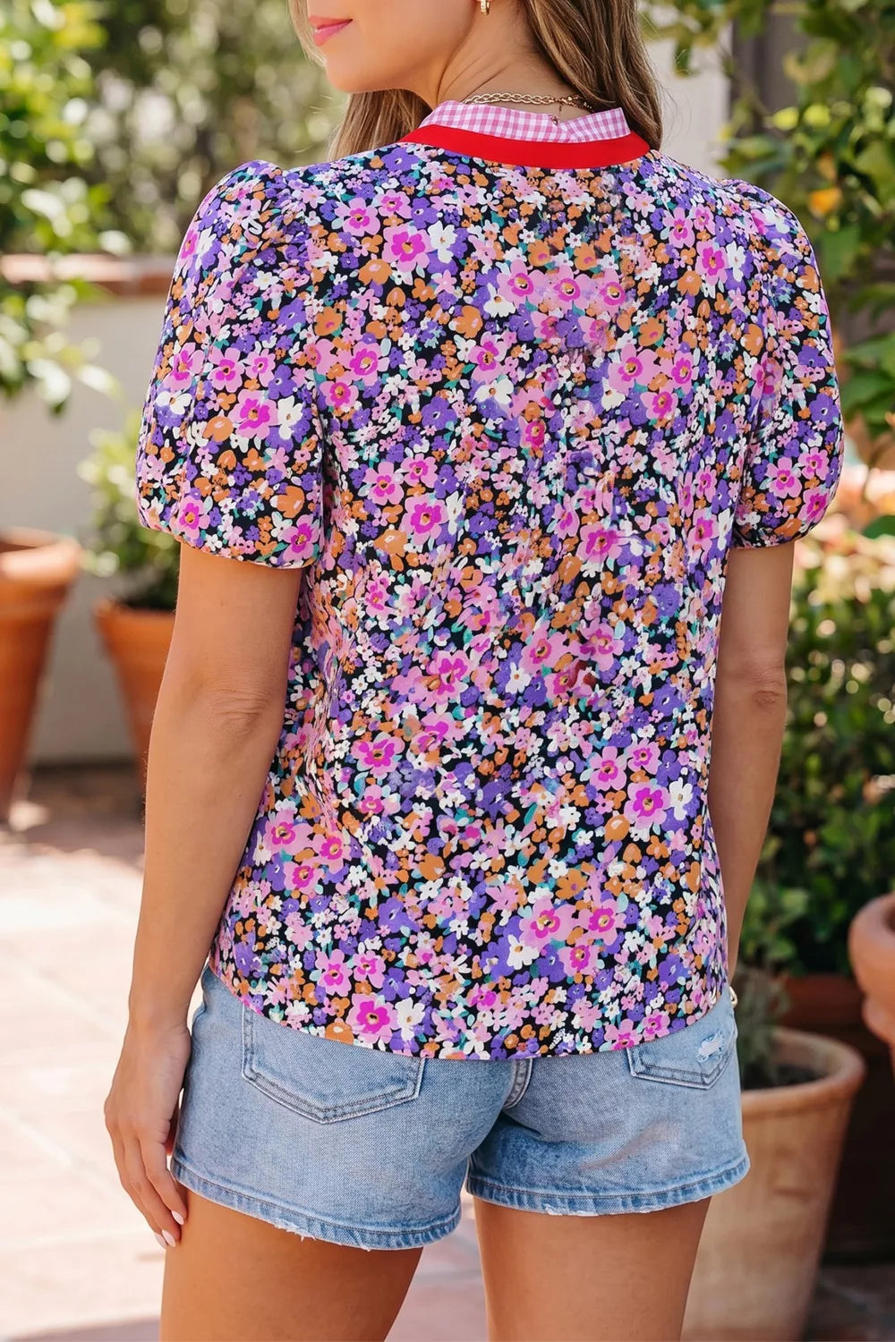 Ditsy Floral Print Plaid Colorblock Trim V Neck Blouse