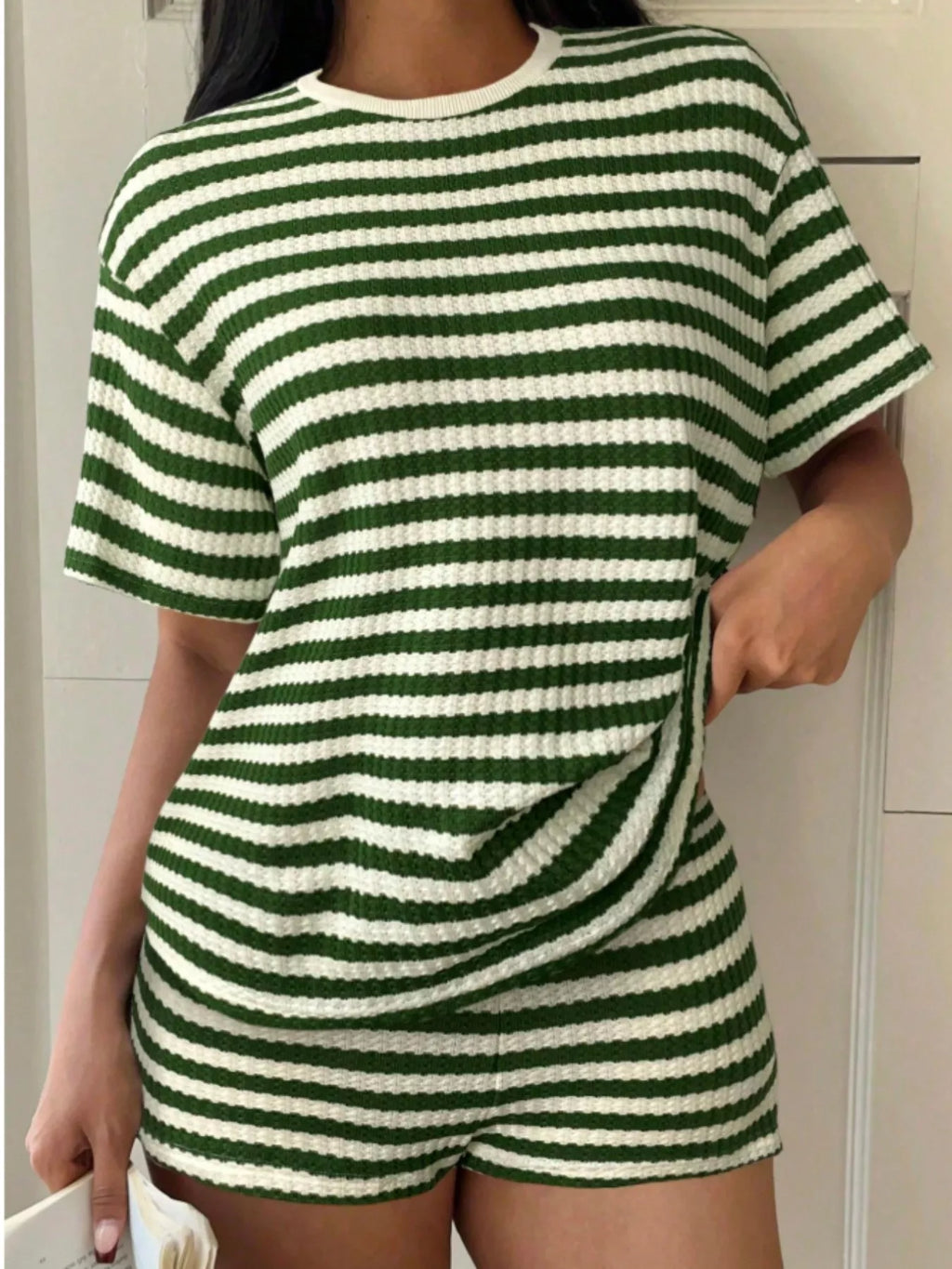 Striped Round Neck Top and Shorts Set