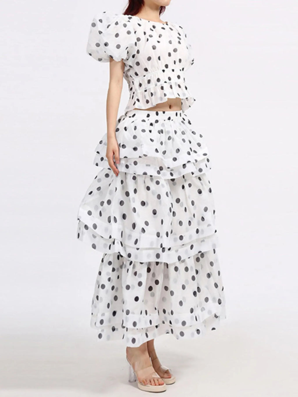 Polka Dot Puff Sleeve Top and Skirt Set