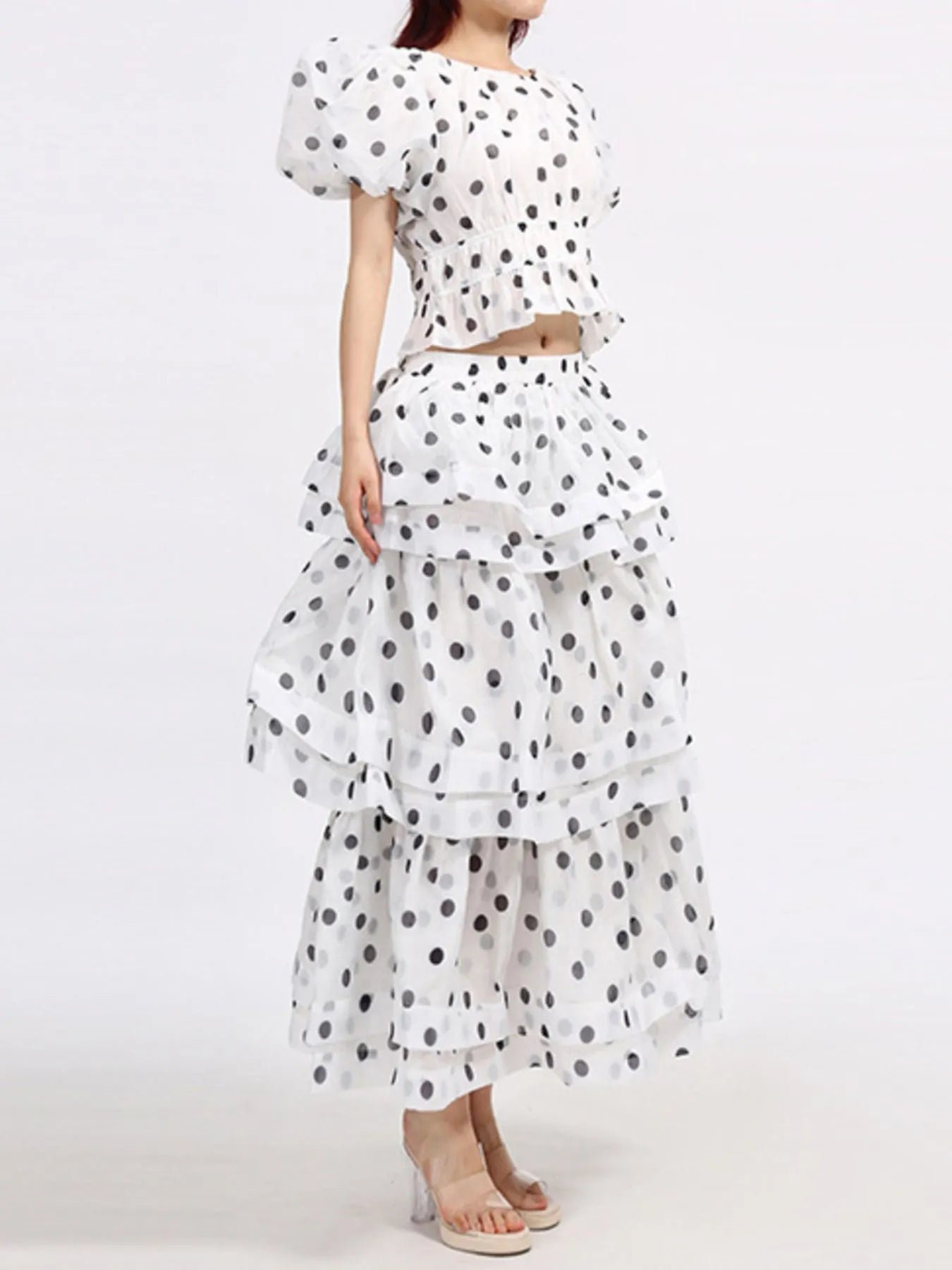 Polka Dot Puff Sleeve Top and Skirt Set