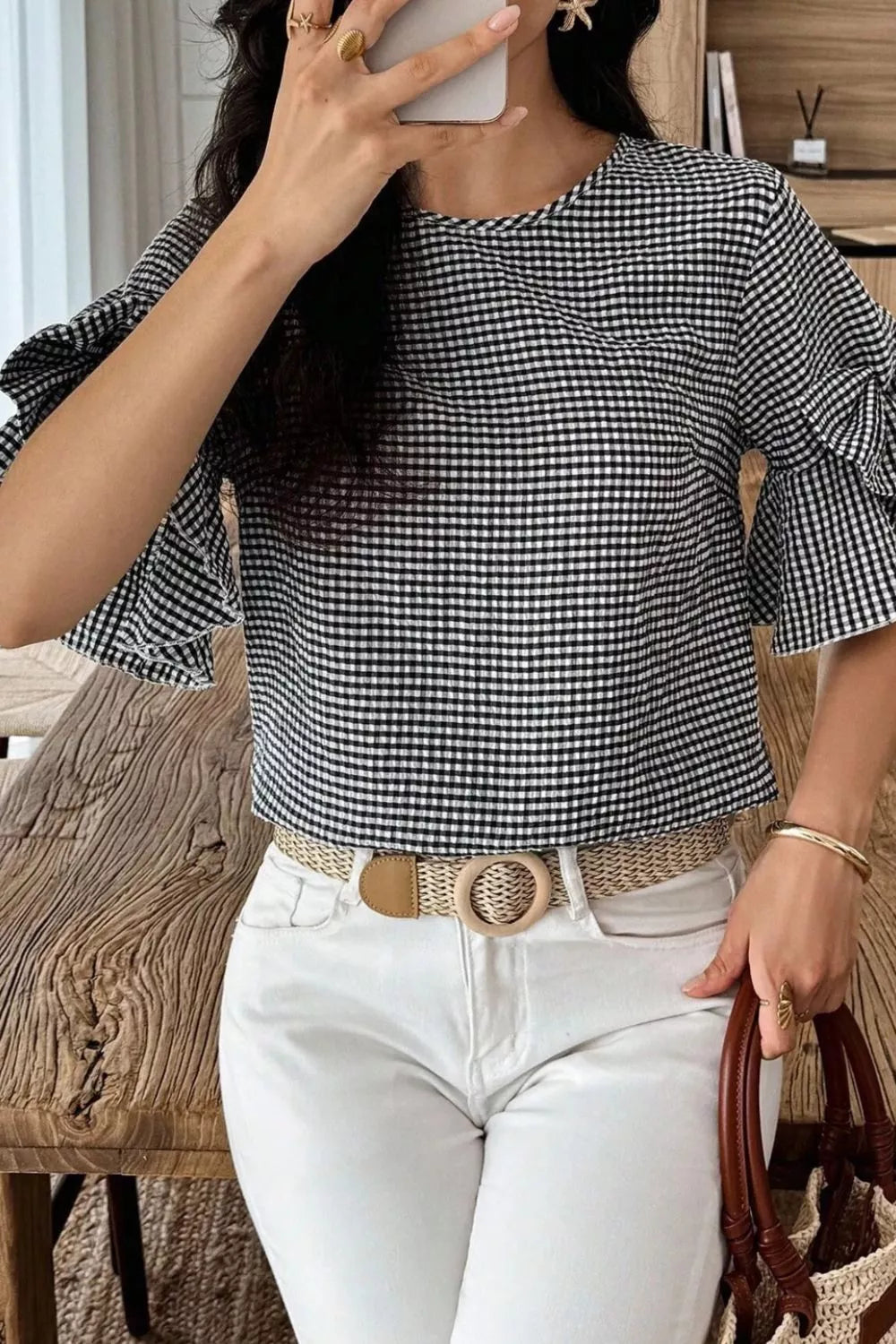 Gingham Bow Half Sleeve Blouse