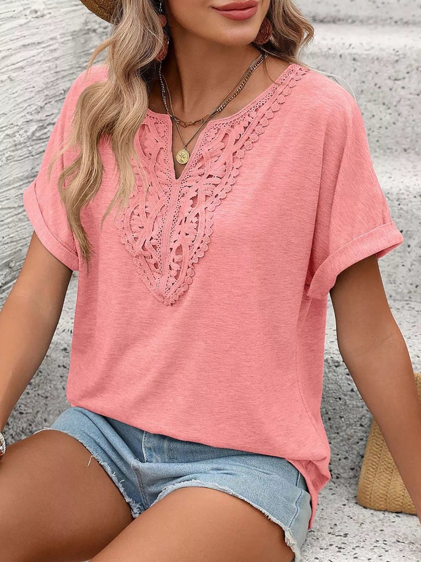 Lace Trim Short Sleeve T-Shirt