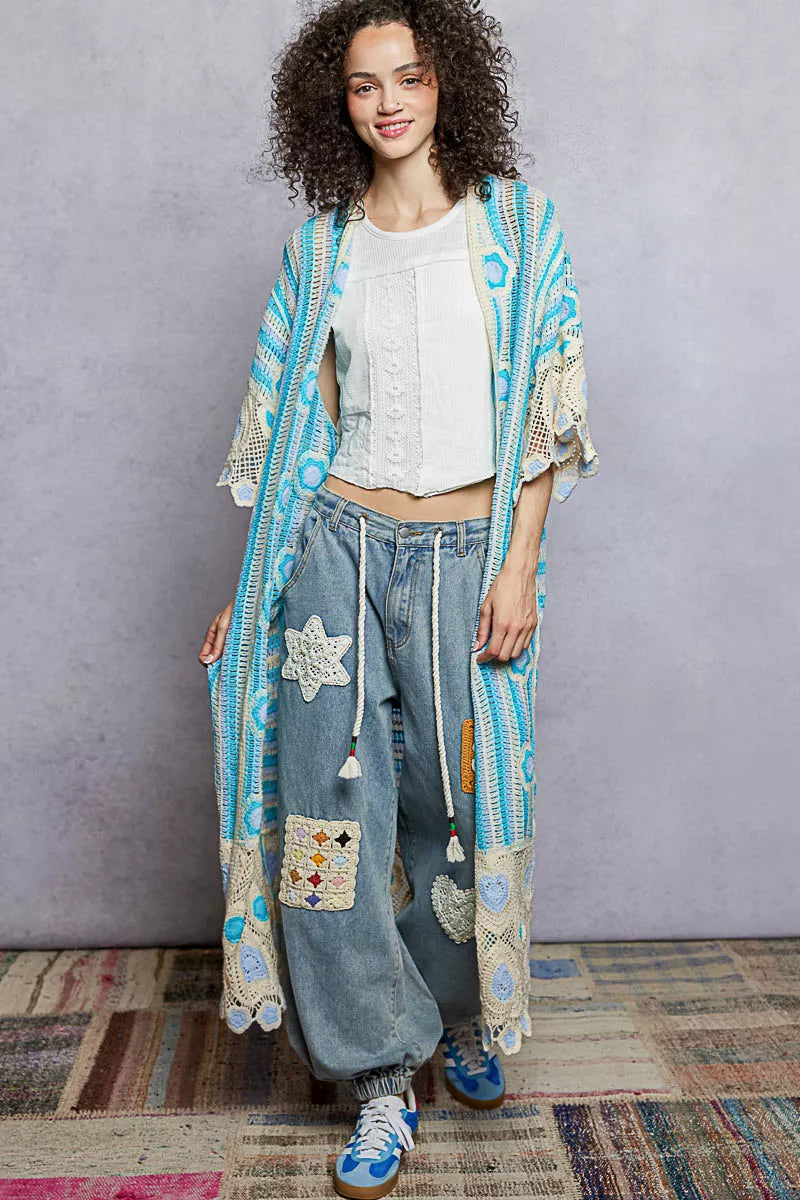 POL Striped and Floral Pattern Crochet Longline Cardigan