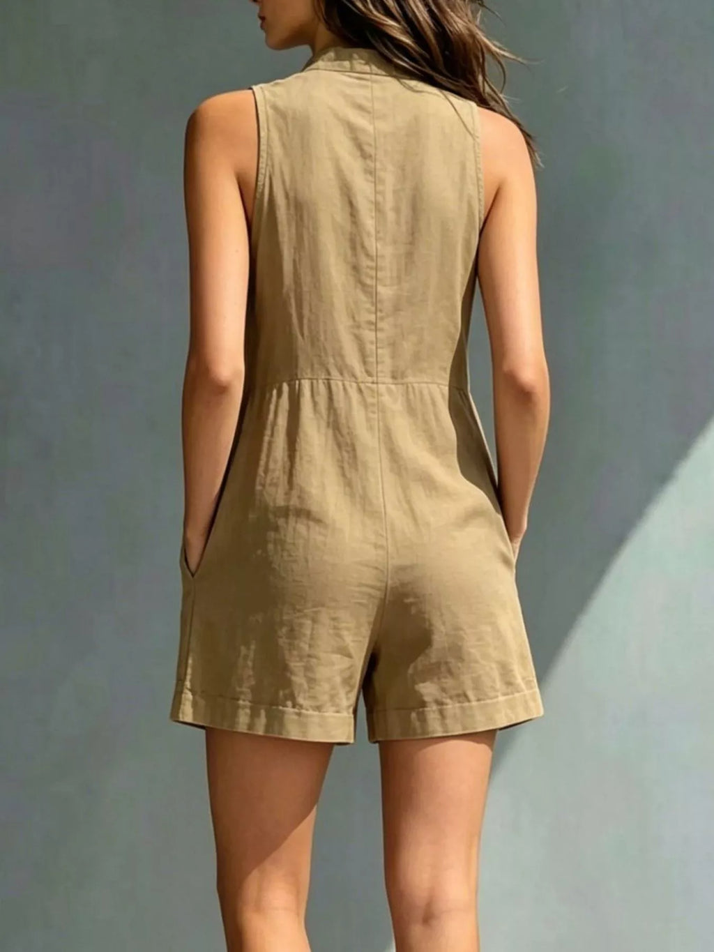 Full Size Sleeveless Button-Front Romper with Pockets Plus Size