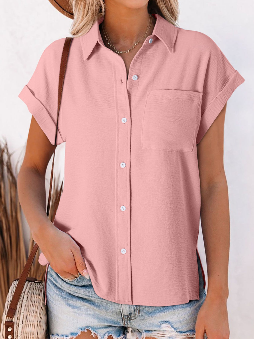 Solid Color Cuffed Short Sleeve Shirt