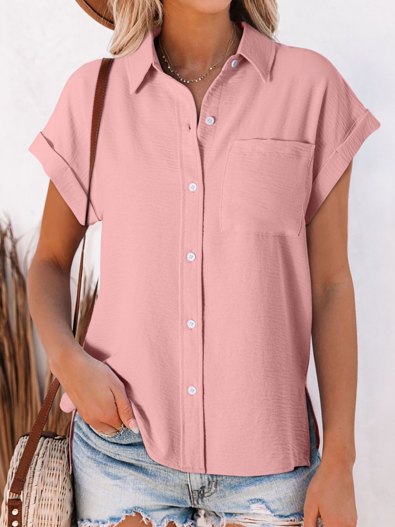 Solid Color Cuffed Short Sleeve Shirt