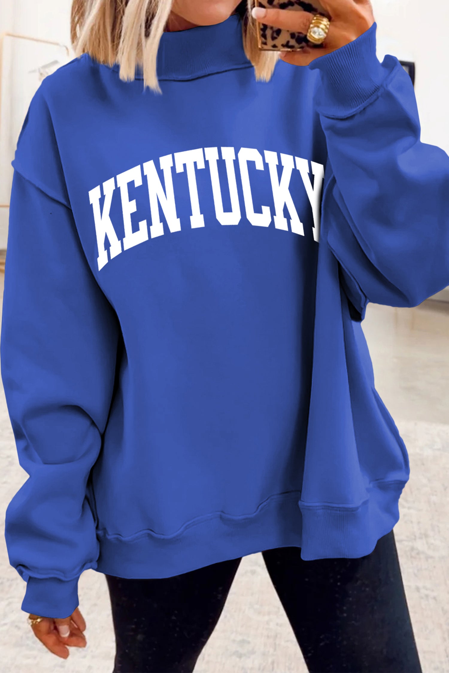 Dark Blue KENTUCKY Leopard KY Letter Print Reversible High Neck Sweatshirt