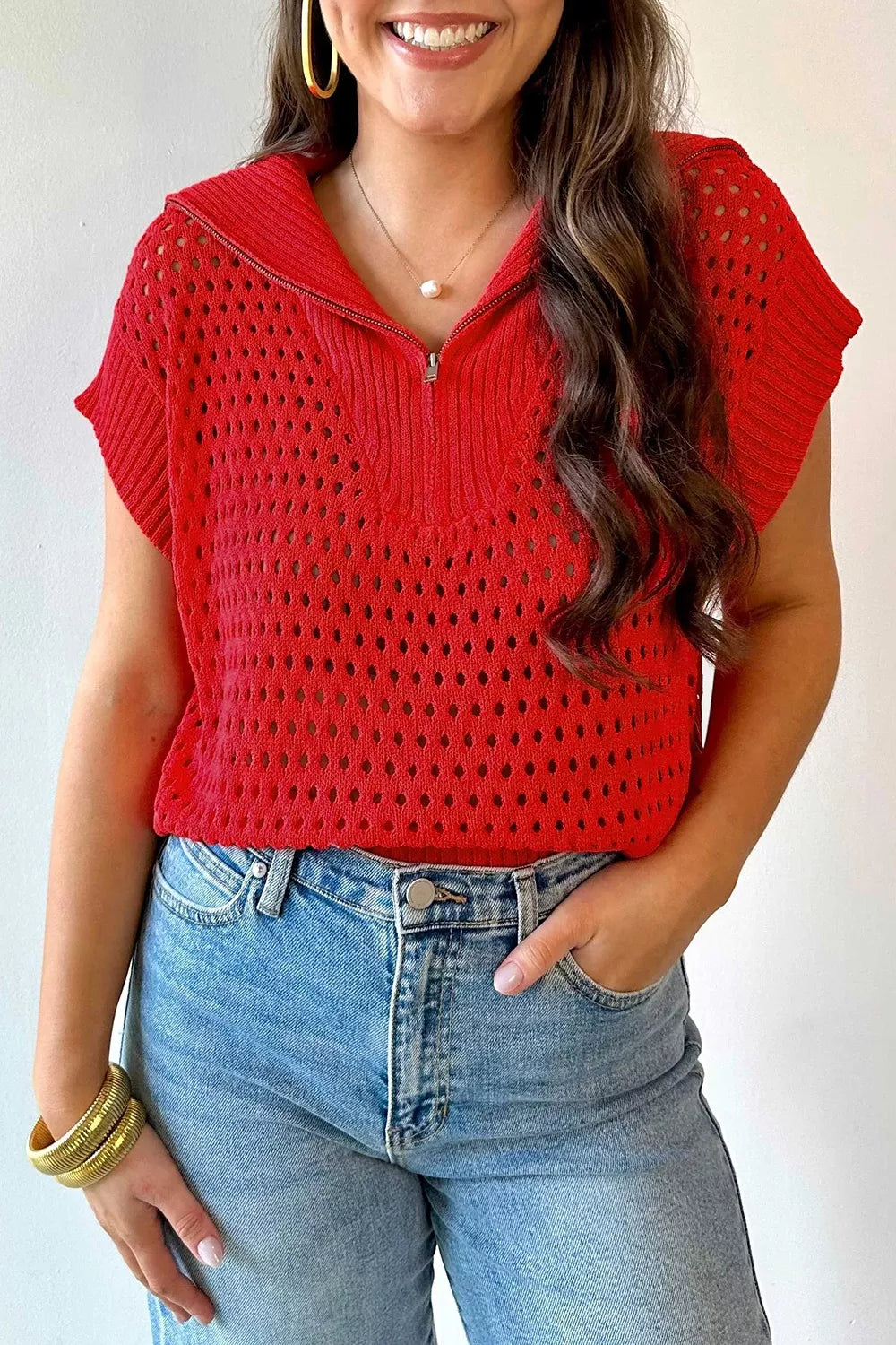 Openwork Quarter-Zip Knit Top