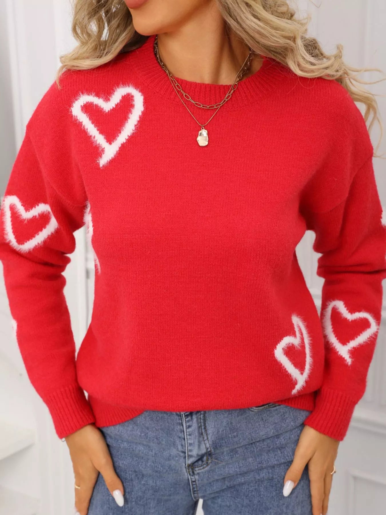 Valentine's Day Heart Print Crew Neck Sweater