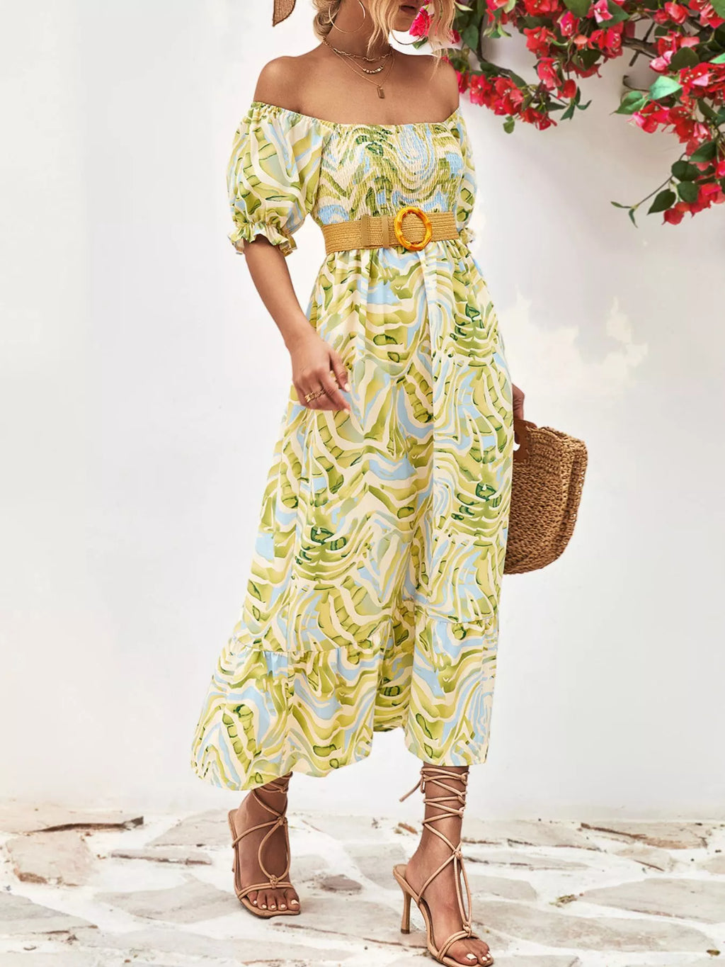 Smocked Printed Puff Sleeve Midi Dress