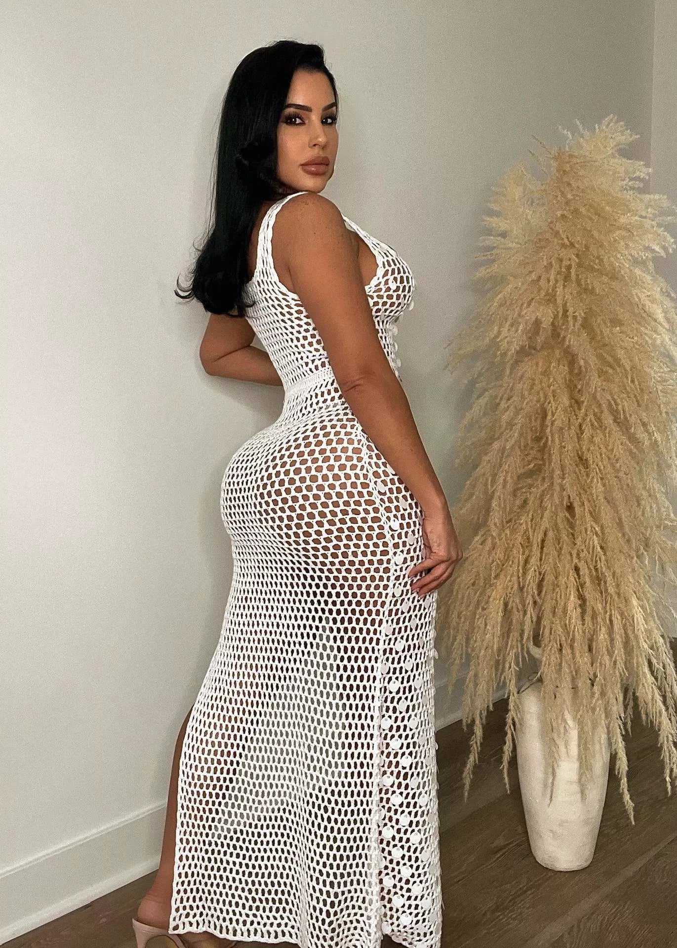 Sequin Embellished Crochet Maxi Dress with High Slit